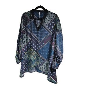 NY Collection Geometric Paisley Design Tab Sleeve Blouse Navy/Aqua Size Large